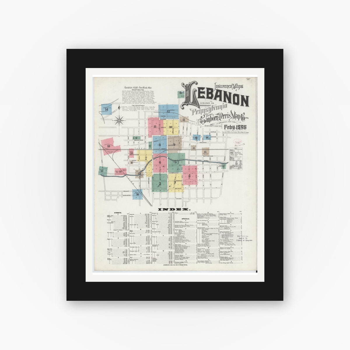 Old map wall art mockup — black gallery frame with white mat — Sanborn Fire Insurance Map from Lebanon, Lebanon County, Pennsylvania (1896), Sheet #0001