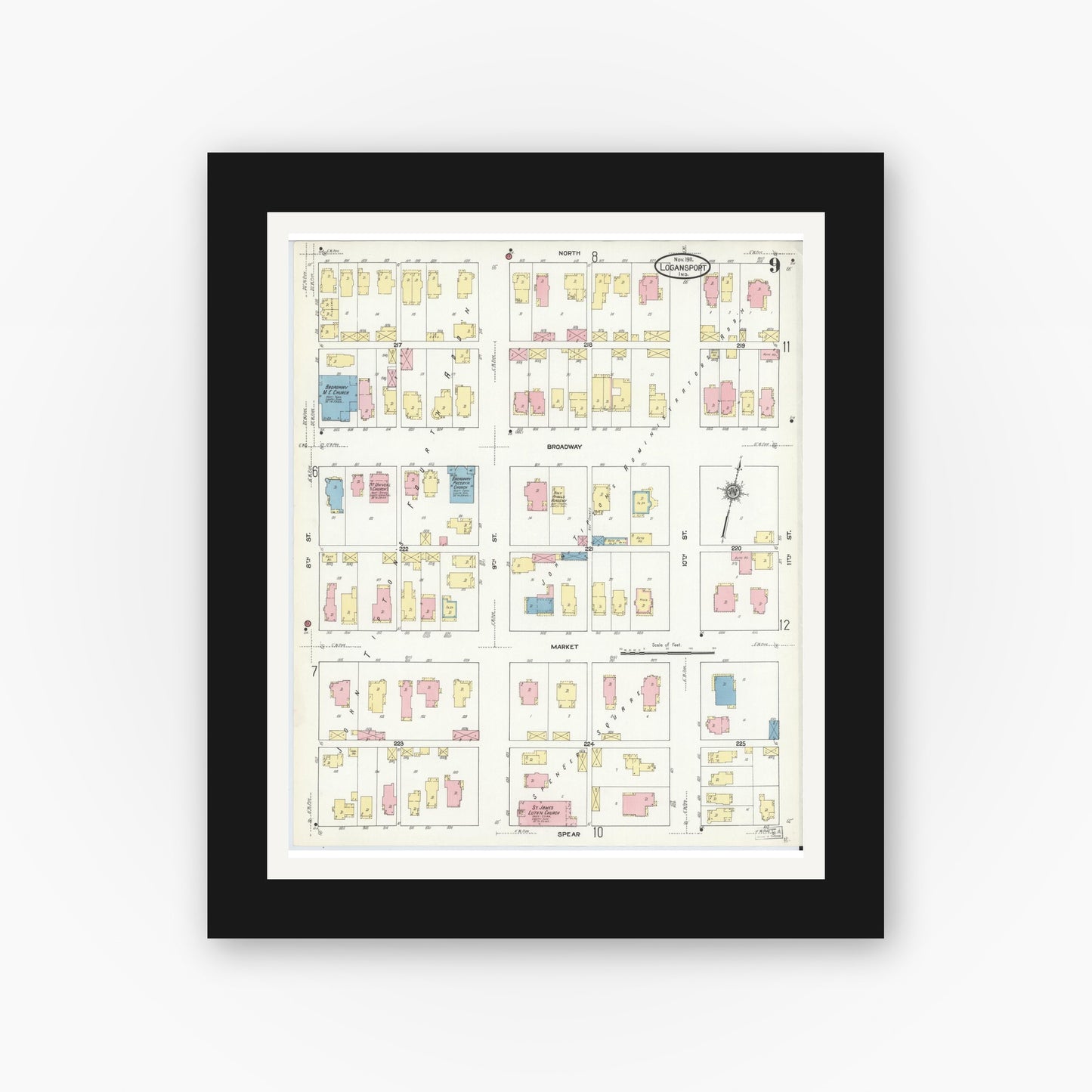 Old map wall art mockup — black gallery frame with white mat — Sanborn Fire Insurance Map from Logansport, Cass County, Indiana (1911), Sheet #0009