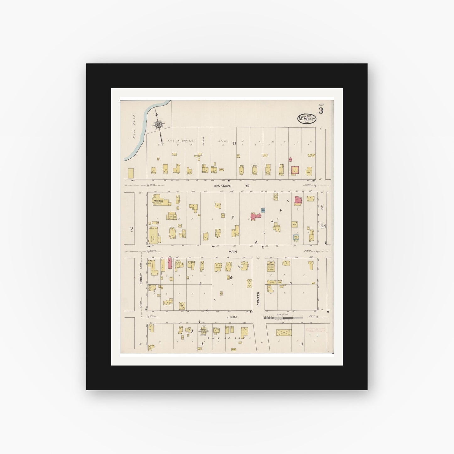 Old map wall art mockup — black gallery frame with white mat — Sanborn Fire Insurance Map from McHenry, McHenry County, Illinois (1922), Sheet #0003