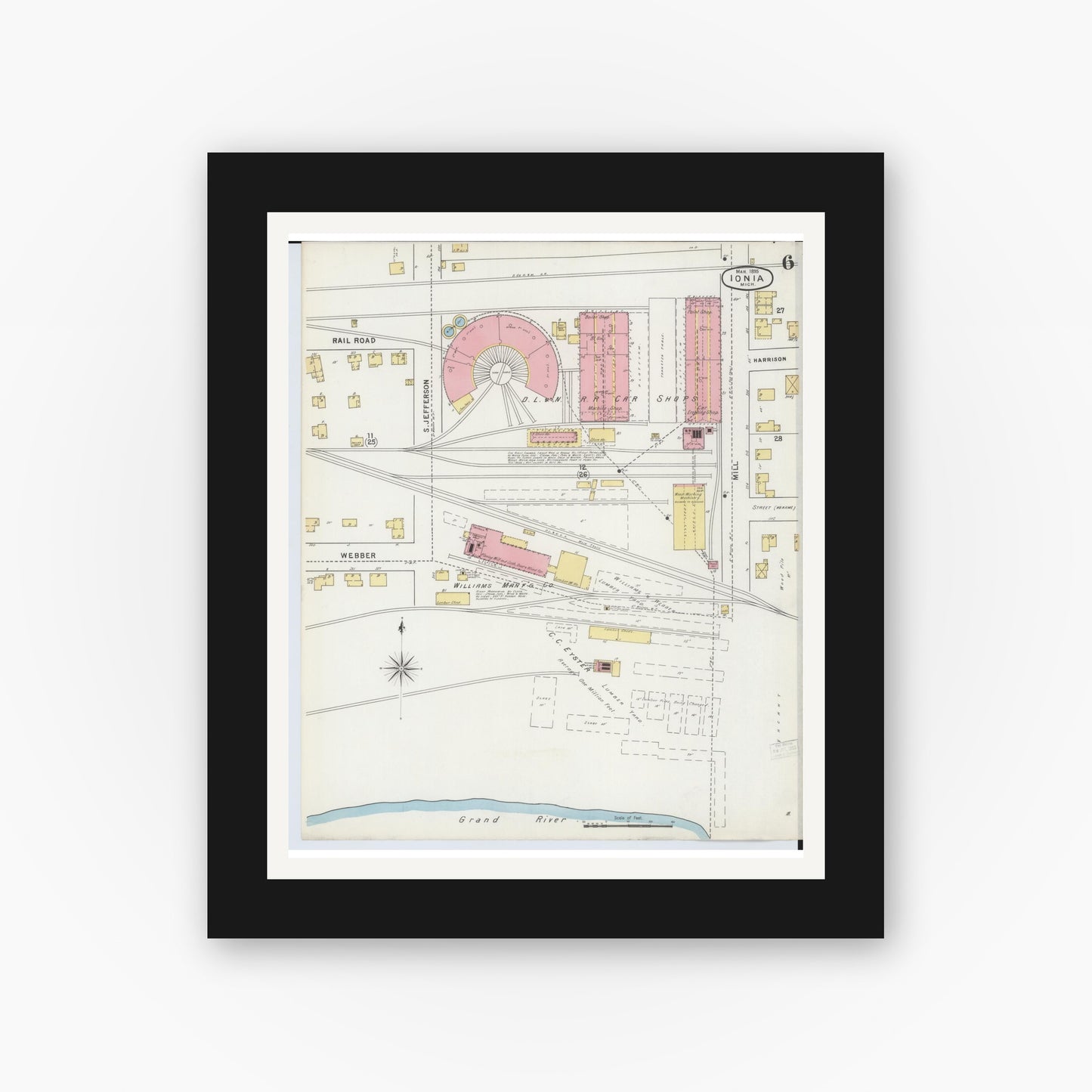 Old map wall art mockup — black gallery frame with white mat — Sanborn Fire Insurance Map from Ionia, Ionia County, Michigan (1895), Sheet #0006