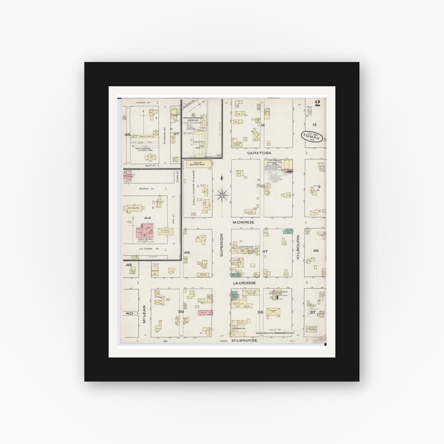 Old map wall art mockup — black gallery frame with white mat — Sanborn Fire Insurance Map from Tomah, Monroe County, Wisconsin (1885), Sheet #0002