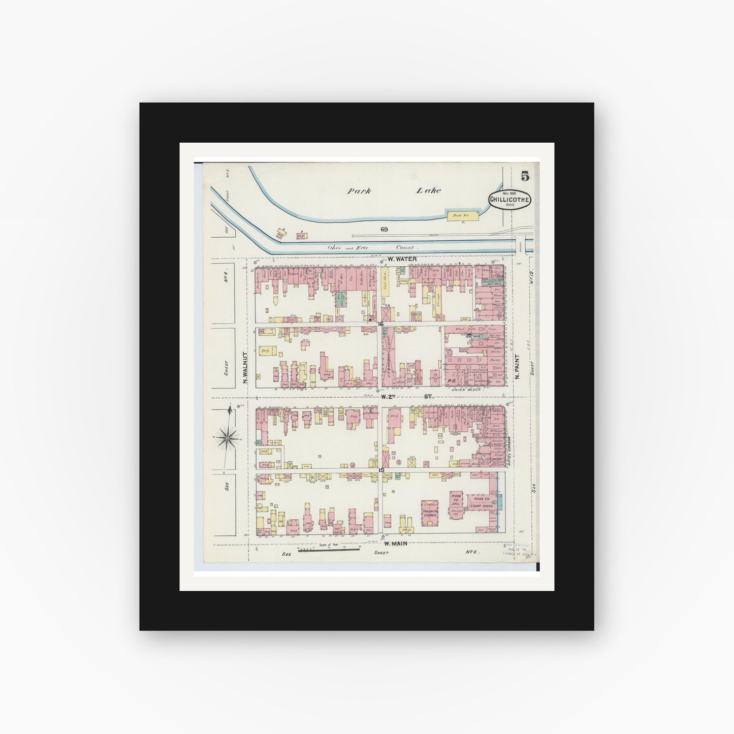 Old map wall art mockup — black gallery frame with white mat — Sanborn Fire Insurance Map from Chillicothe, Ross County, Ohio (1890), Sheet #0005