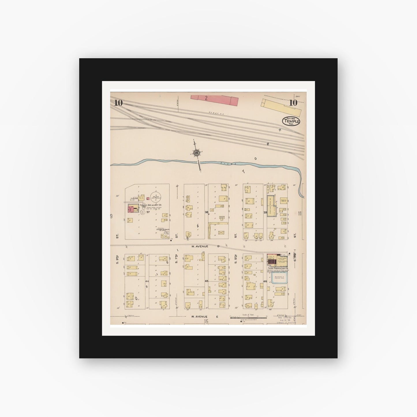 Old map wall art mockup — black gallery frame with white mat — Sanborn Fire Insurance Map from Temple, Bell County, Texas (1922), Sheet #0010