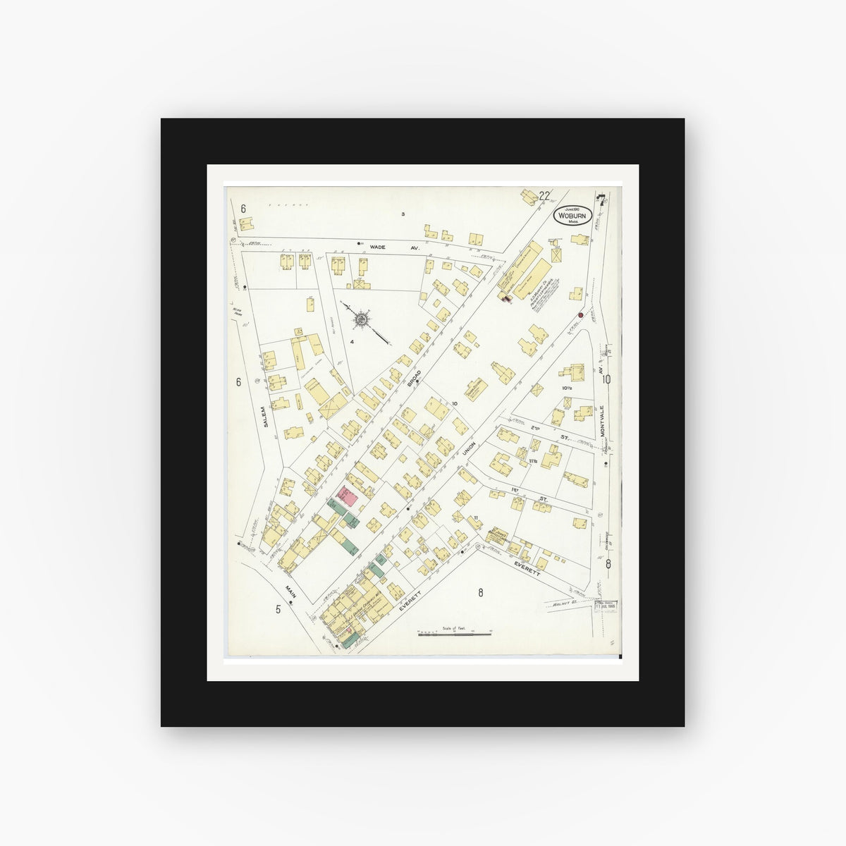 Old map wall art mockup — black gallery frame with white mat — Sanborn Fire Insurance Map from Woburn, Middlesex County, Massachusetts (1910), Sheet #0007