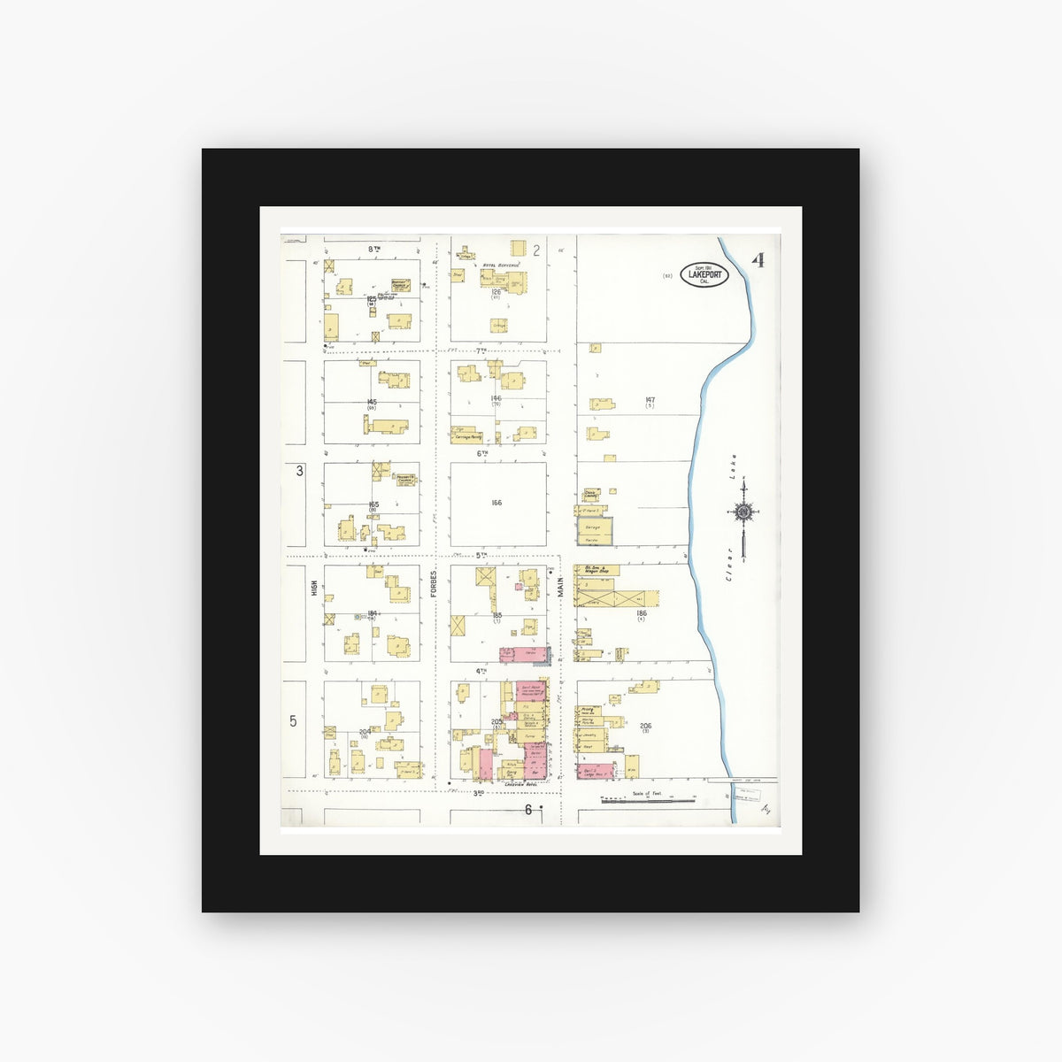 Old map wall art mockup — black gallery frame with white mat — Sanborn Fire Insurance Map from Lakeport, Lake County, California (1911), Sheet #0004
