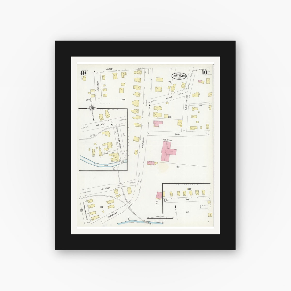 Old map wall art mockup — black gallery frame with white mat — Sanborn Fire Insurance Map from Fort Edward, Washington County, New York (1924), Sheet #0010