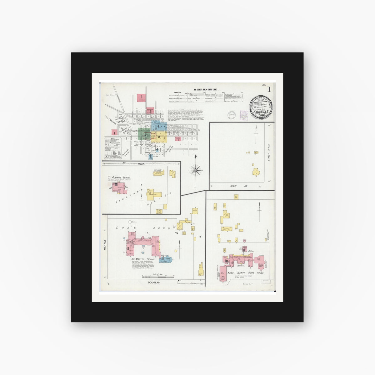 Old map wall art mockup — black gallery frame with white mat — Sanborn Fire Insurance Map from Knoxville, Knox County, Illinois (1901) - Complete Map Set
