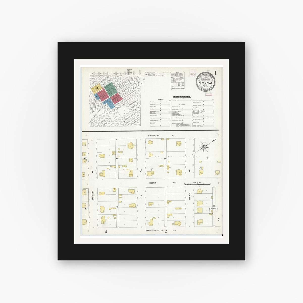 Old map wall art mockup — black gallery frame with white mat — Sanborn Fire Insurance Map from Hereford, Deaf Smith County, Texas (1908), Sheet #0001