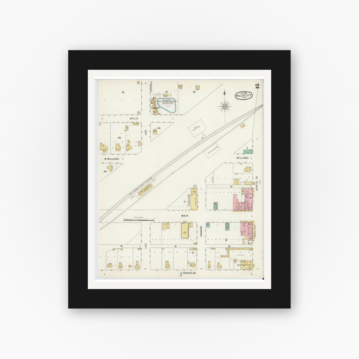 Old map wall art mockup — black gallery frame with white mat — Sanborn Fire Insurance Map from Wolfe City, Hunt County, Texas (1896), Sheet #0002
