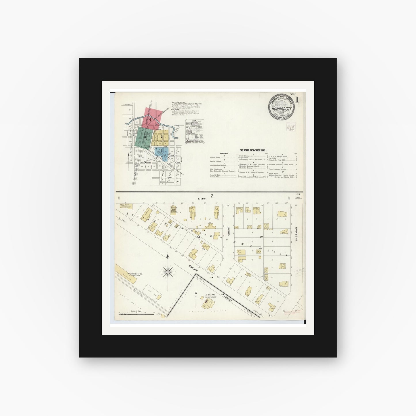Old map wall art mockup — black gallery frame with white mat — Sanborn Fire Insurance Map from Howard City, Montcalm County, Michigan (1908) - Complete Map Set