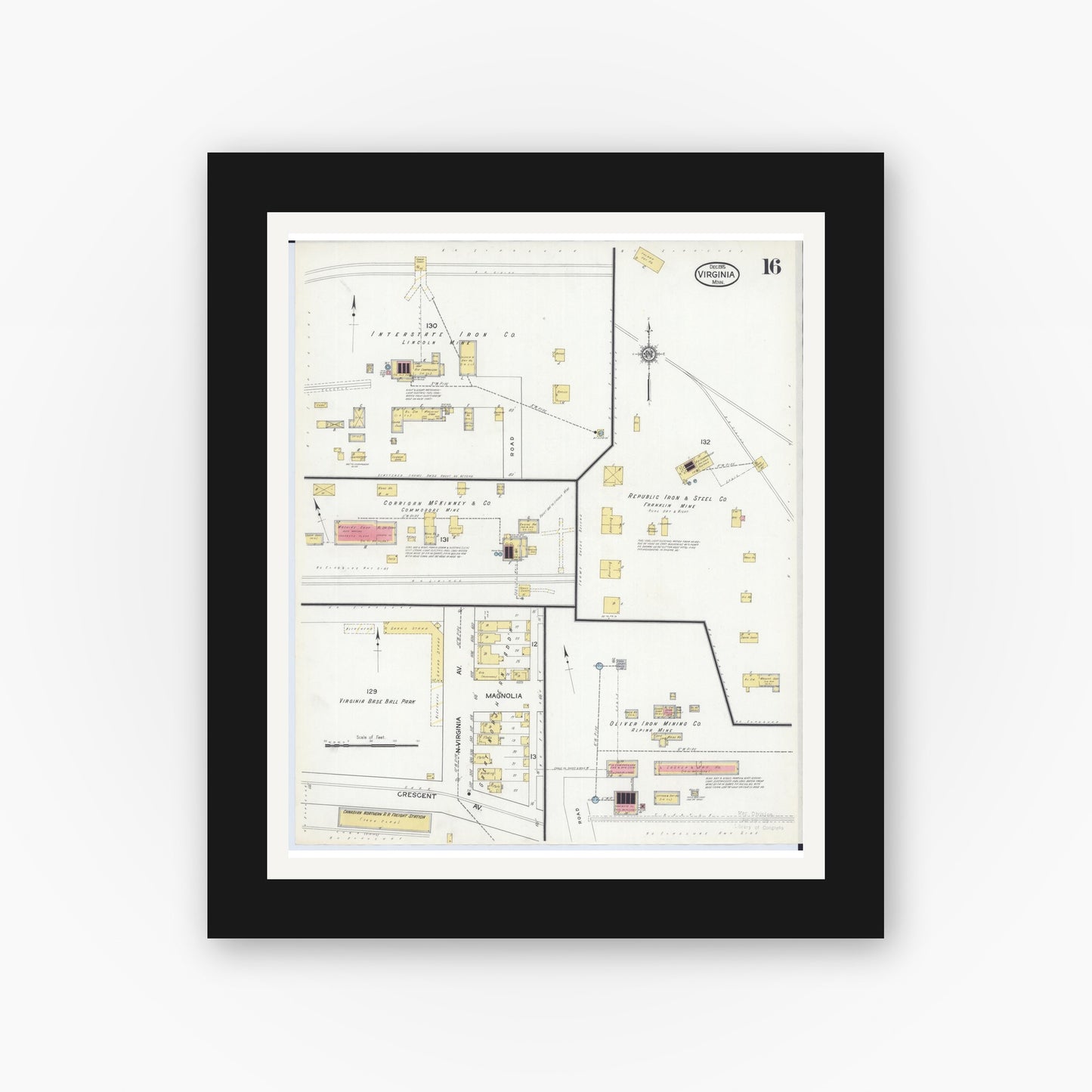 Old map wall art mockup — black gallery frame with white mat — Sanborn Fire Insurance Map from Virginia, Saint Louis County, Minnesota (1915), Sheet #0016