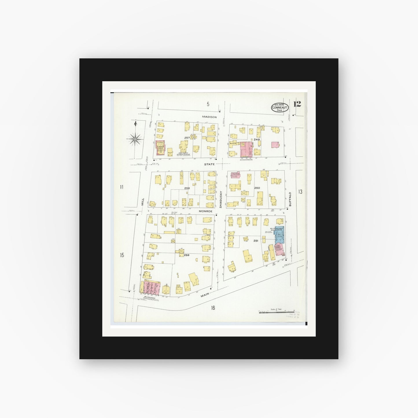 Old map wall art mockup — black gallery frame with white mat — Sanborn Fire Insurance Map from Conneaut, Ashtabula County, Ohio (1909), Sheet #0012
