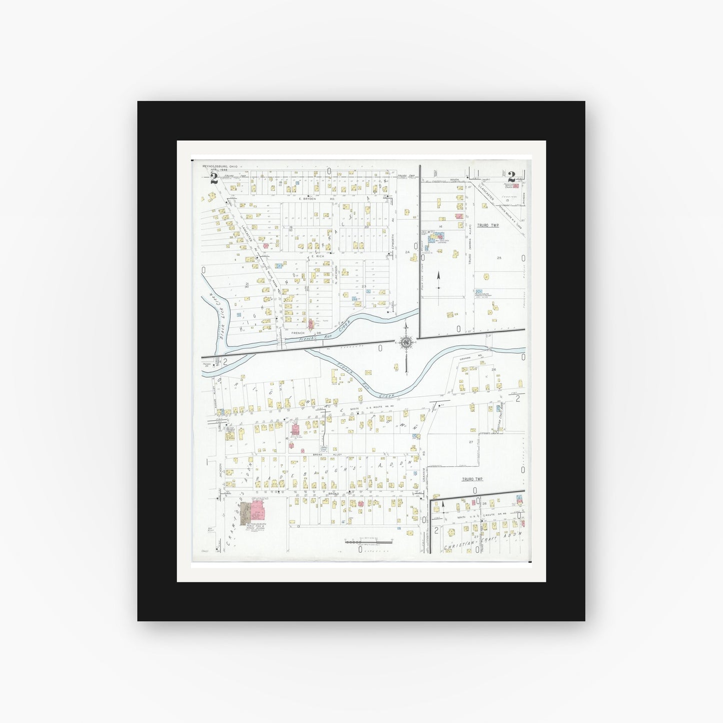 Old map wall art mockup — black gallery frame with white mat — Sanborn Fire Insurance Map from Reynoldsburg, Franklin County, Ohio (1946), Sheet #0002