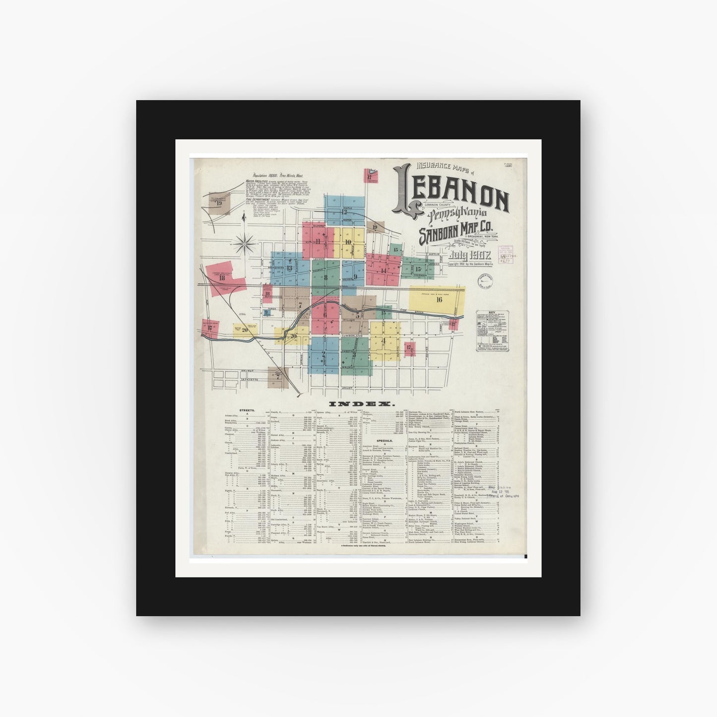 Old map wall art mockup — black gallery frame with white mat — Sanborn Fire Insurance Map from Lebanon, Lebanon County, Pennsylvania (1902), Sheet #0001