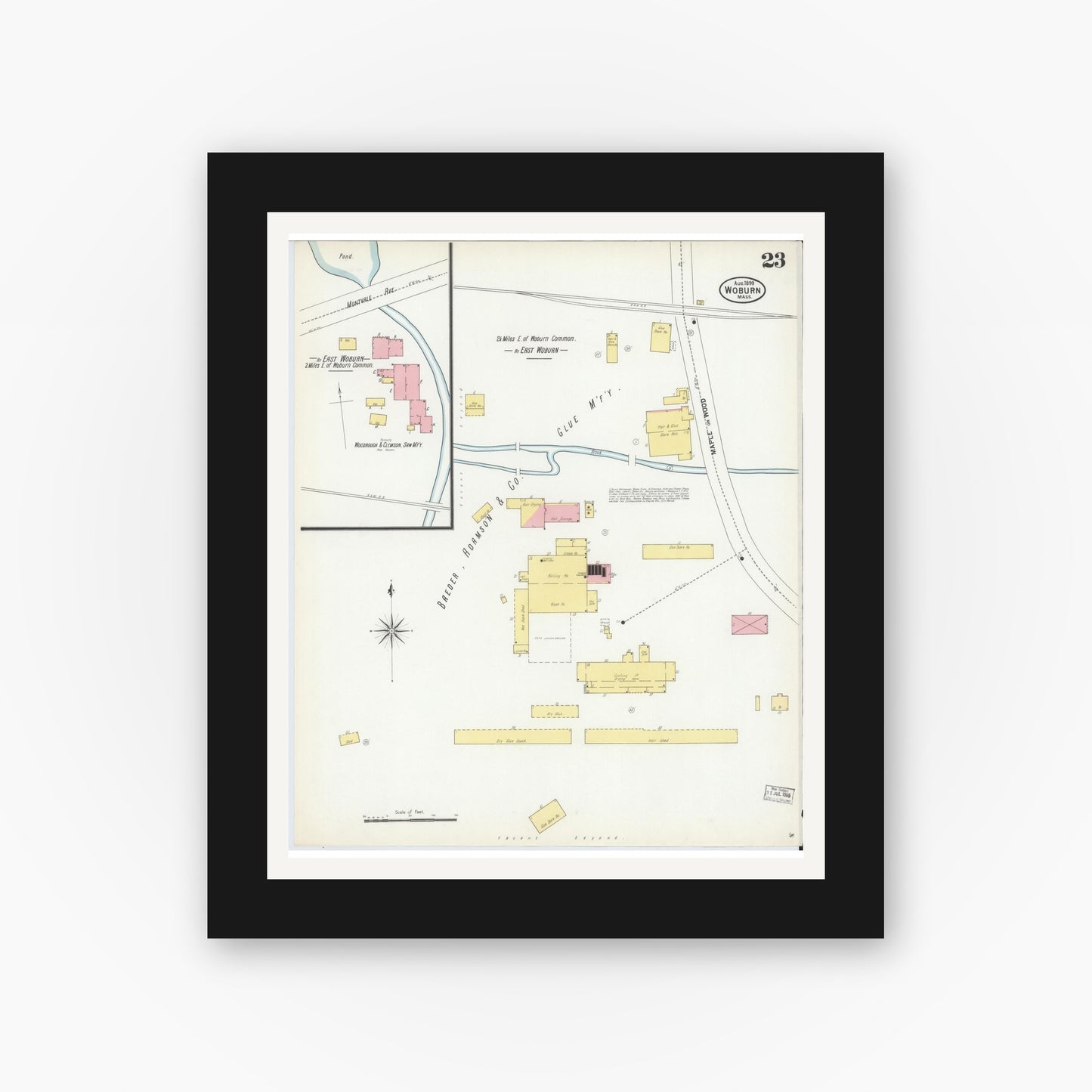Old map wall art mockup — black gallery frame with white mat — Sanborn Fire Insurance Map from Woburn, Middlesex County, Massachusetts (1899), Sheet #0023