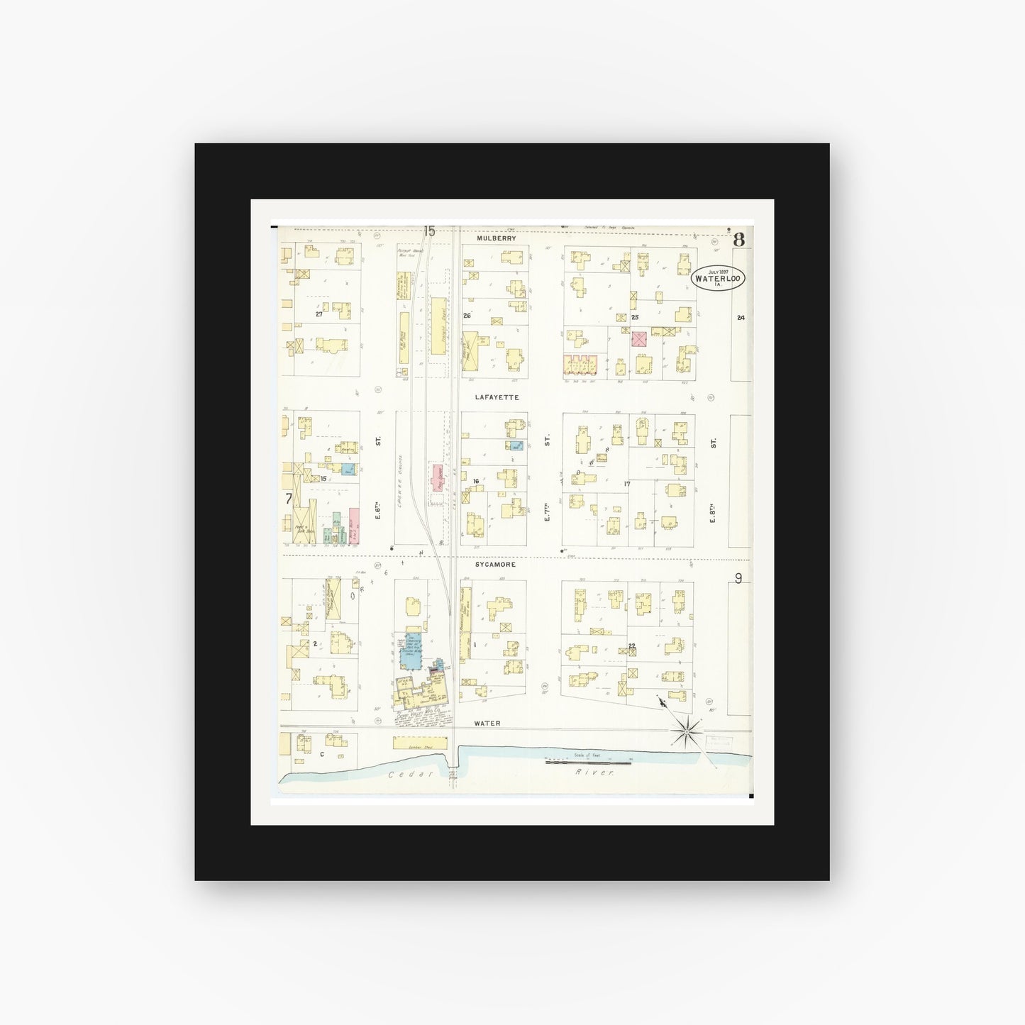 Old map wall art mockup — black gallery frame with white mat — Sanborn Fire Insurance Map from Waterloo, Black Hawk County, Iowa (1897), Sheet #0008