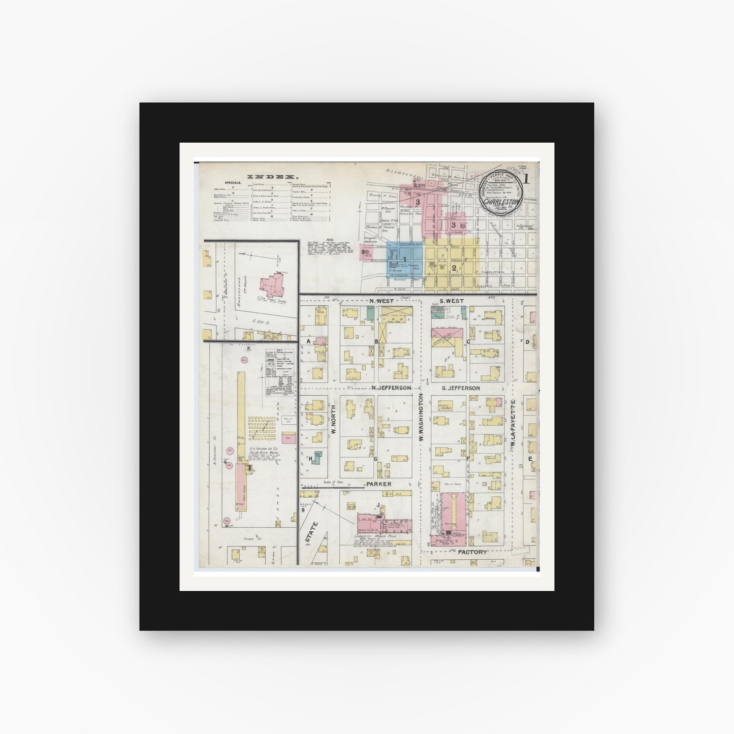 Old map wall art mockup — black gallery frame with white mat — Sanborn Fire Insurance Map from Charleston, Coles County, Illinois (1892), Sheet #0001