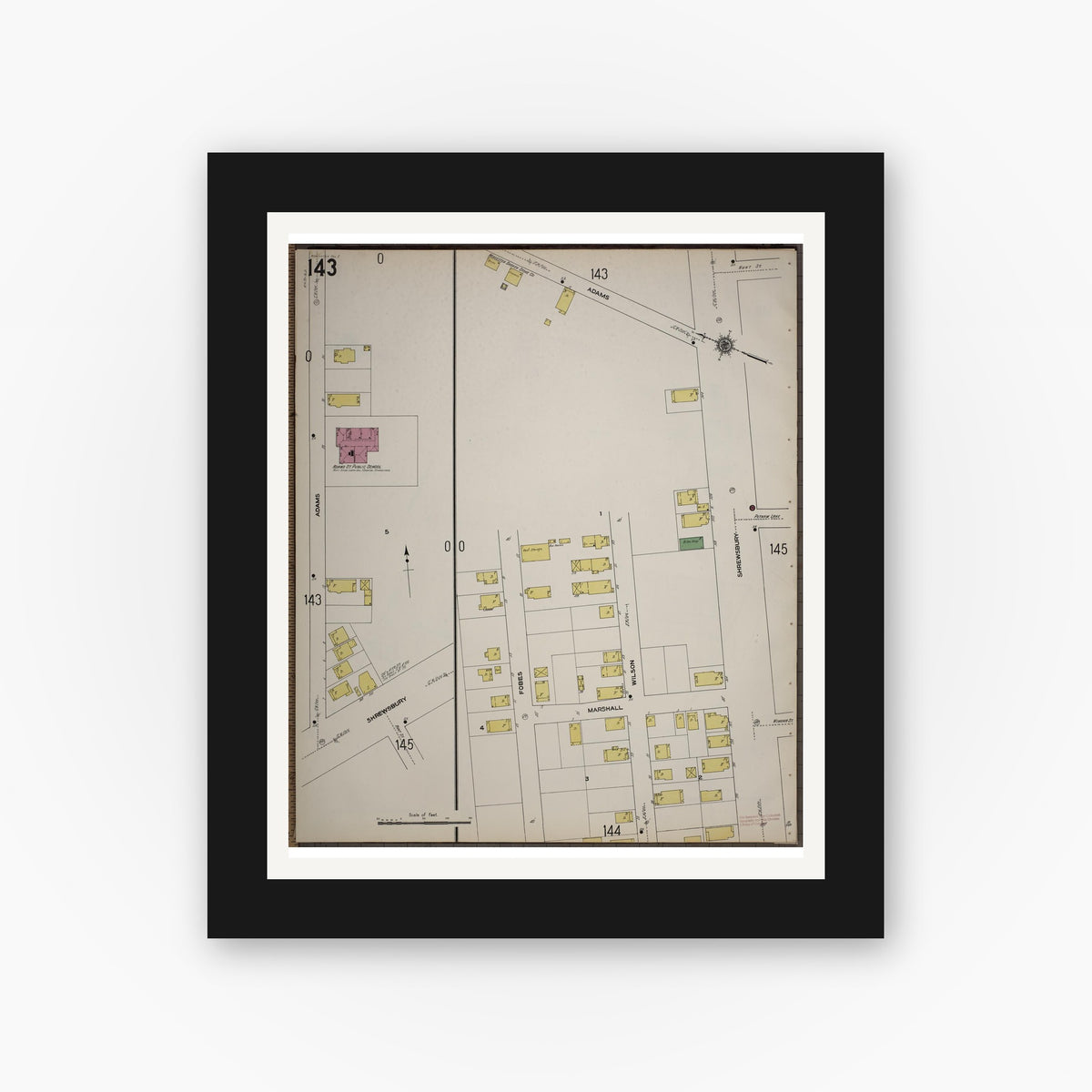 Old map wall art mockup — black gallery frame with white mat — Sanborn Fire Insurance Map from Worcester, Worcester County, Massachusetts (1910), Sheet #0143