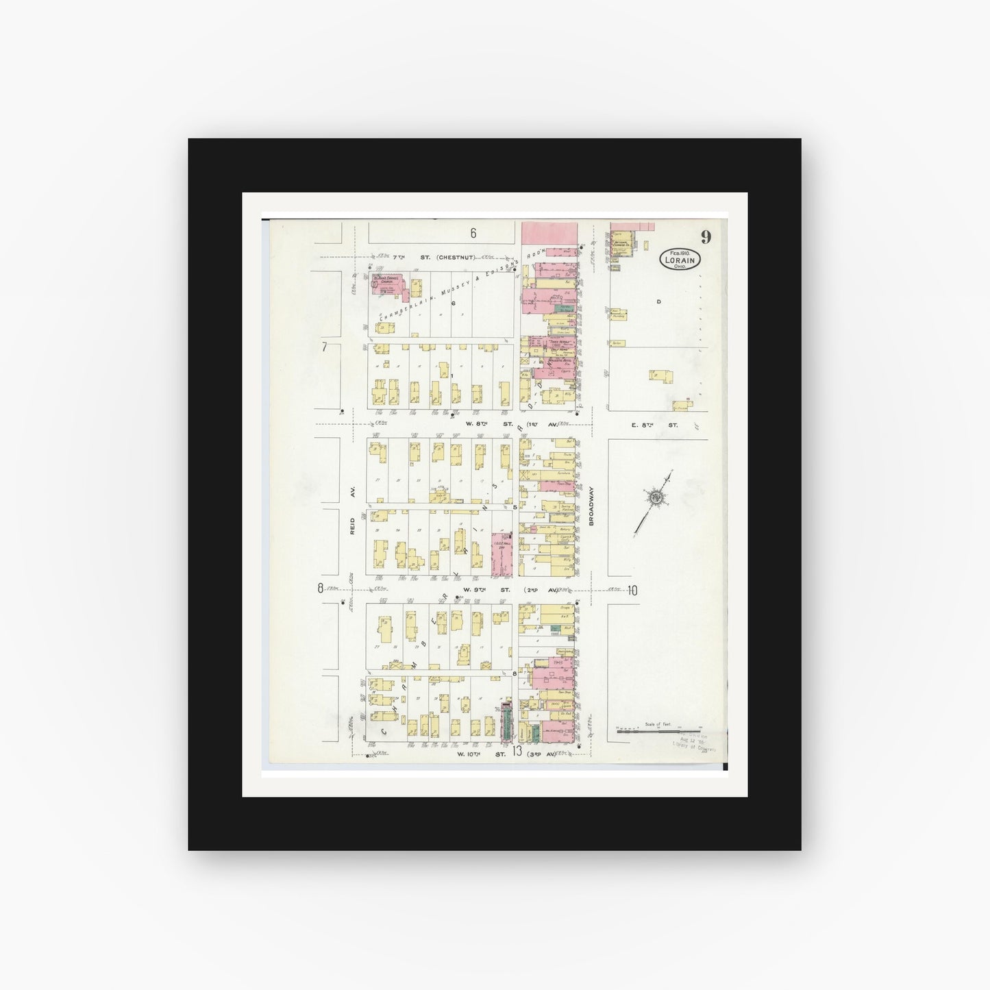 Old map wall art mockup — black gallery frame with white mat — Sanborn Fire Insurance Map from Lorain, Lorain County, Ohio (1910), Sheet #0009