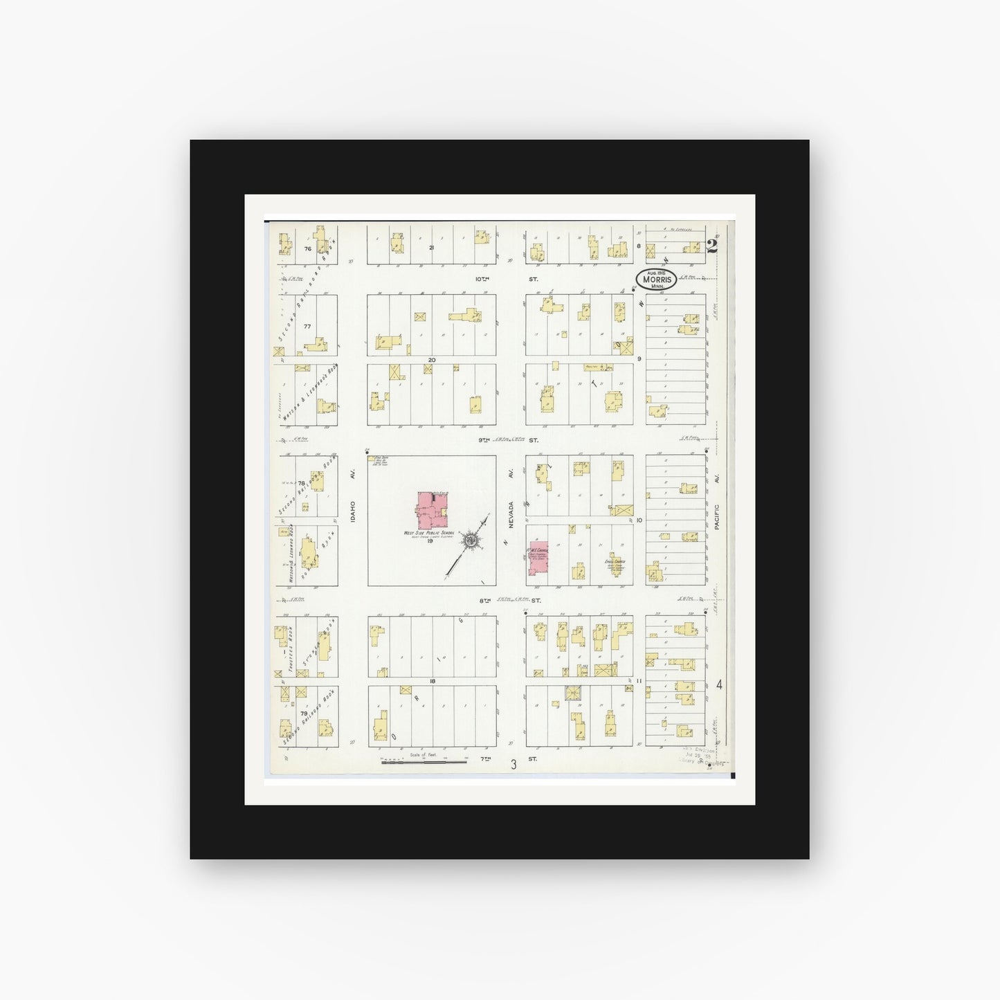Old map wall art mockup — black gallery frame with white mat — Sanborn Fire Insurance Map from Morris, Stevens County, Minnesota (1915), Sheet #0002
