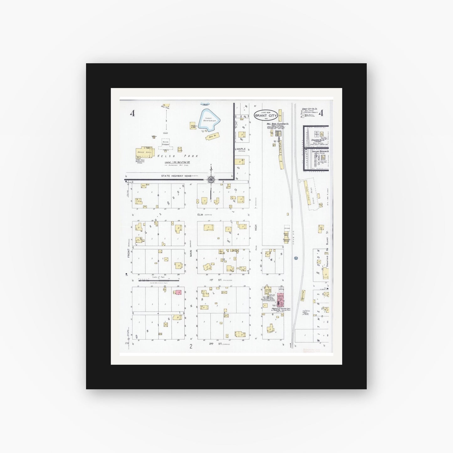 Old map wall art mockup — black gallery frame with white mat — Sanborn Fire Insurance Map from Grant City, Worth County, Missouri (1928), Sheet #0004