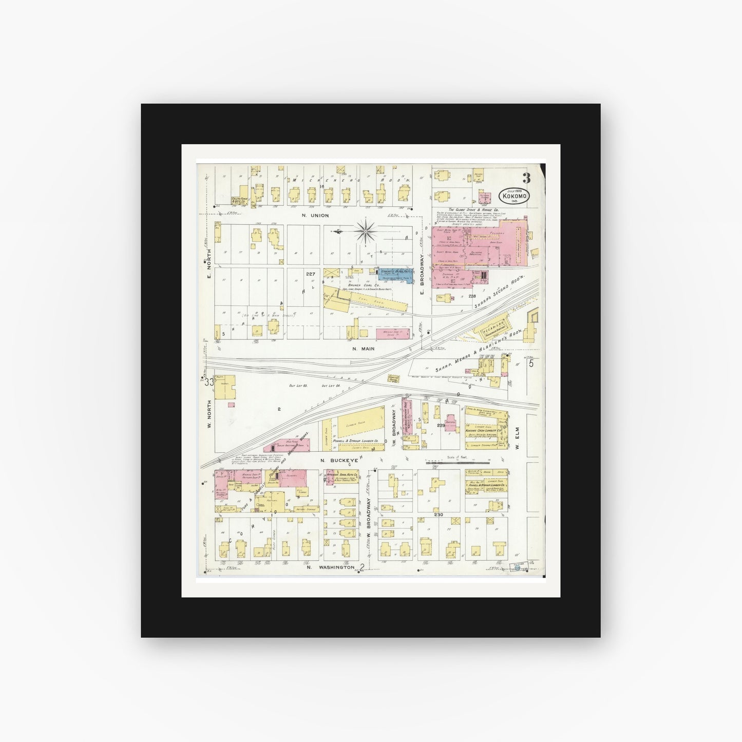 Old map wall art mockup — black gallery frame with white mat — Sanborn Fire Insurance Map from Kokomo, Howard County, Indiana (1909), Sheet #0003