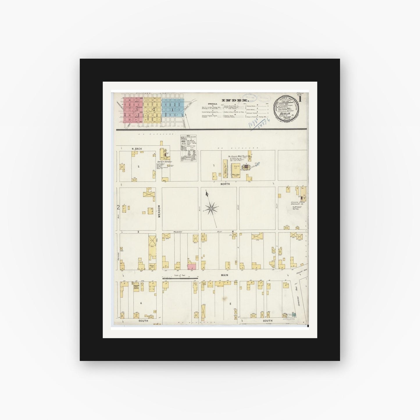 Old map wall art mockup — black gallery frame with white mat — Sanborn Fire Insurance Map from Berlin, Somerset County, Pennsylvania (1898) - Complete Map Set