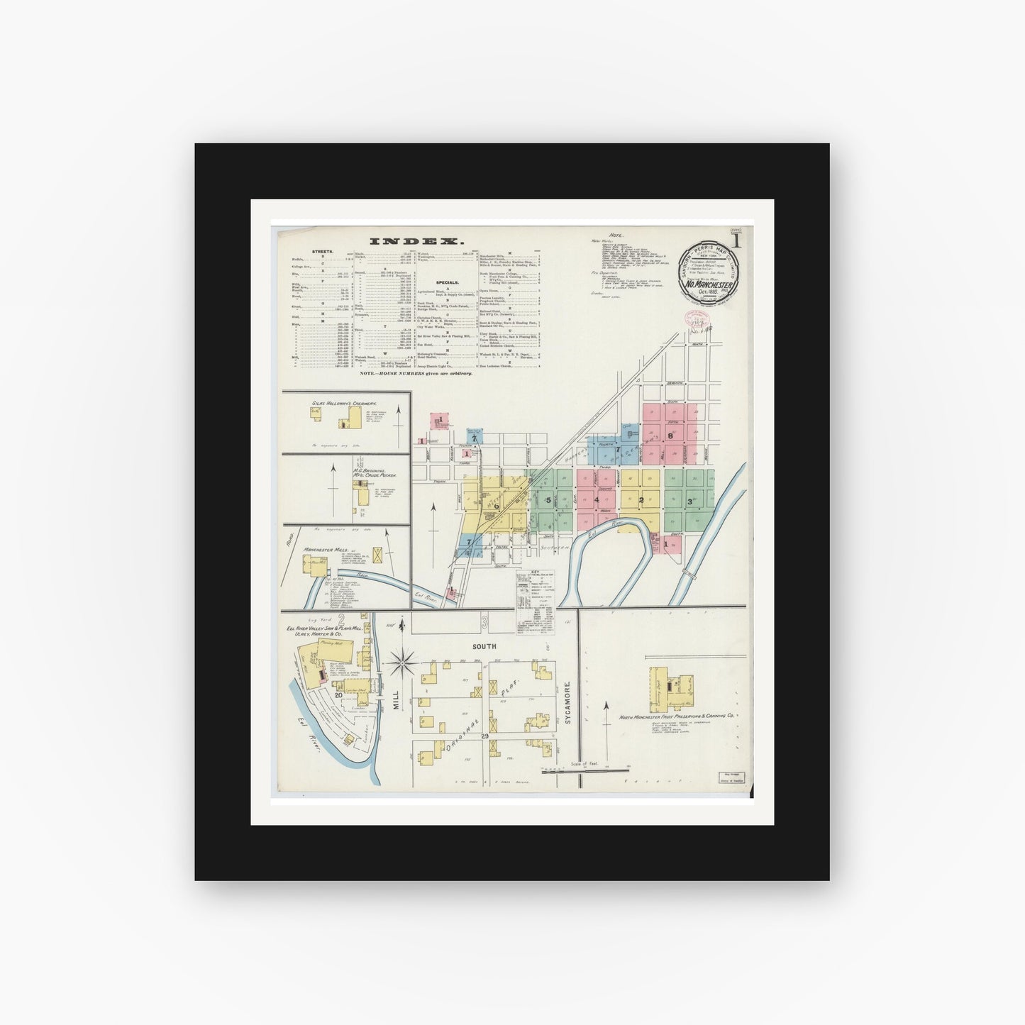 Old map wall art mockup — black gallery frame with white mat — Sanborn Fire Insurance Map from North Manchester, Wabash County, Indiana (1895) - Complete Map Set