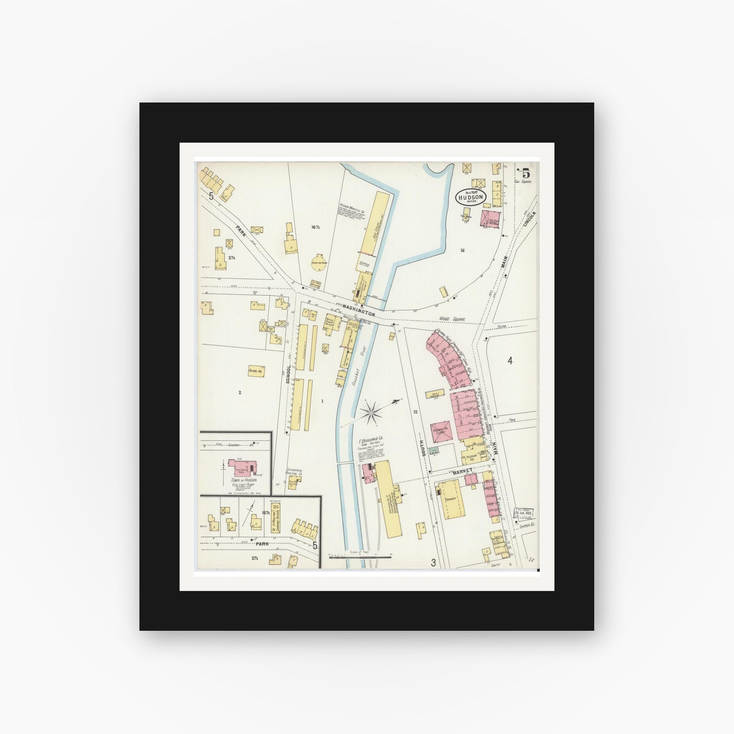Old map wall art mockup — black gallery frame with white mat — Sanborn Fire Insurance Map from Hudson, Middlesex County, Massachusetts (1897), Sheet #0005