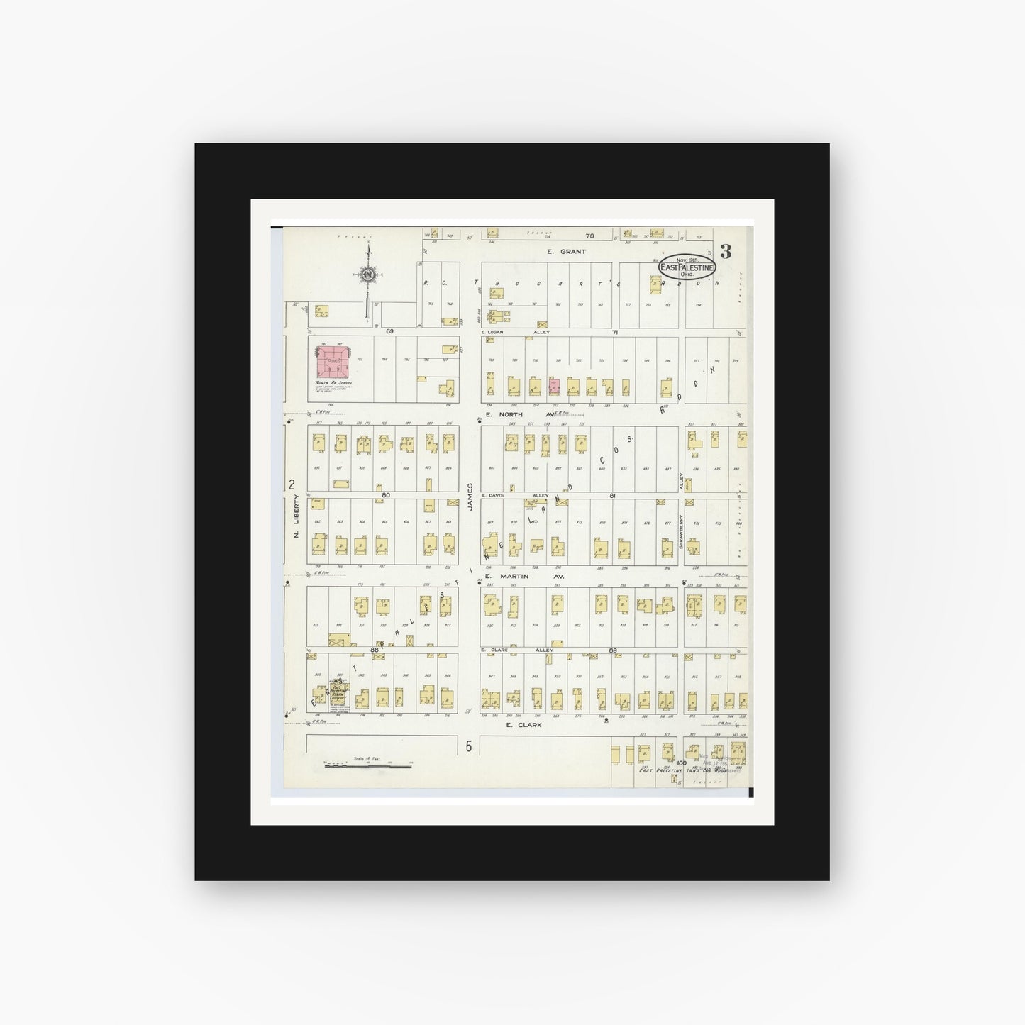 Old map wall art mockup — black gallery frame with white mat — Sanborn Fire Insurance Map from East Palestine, Columbiana County, Ohio (1915), Sheet #0003