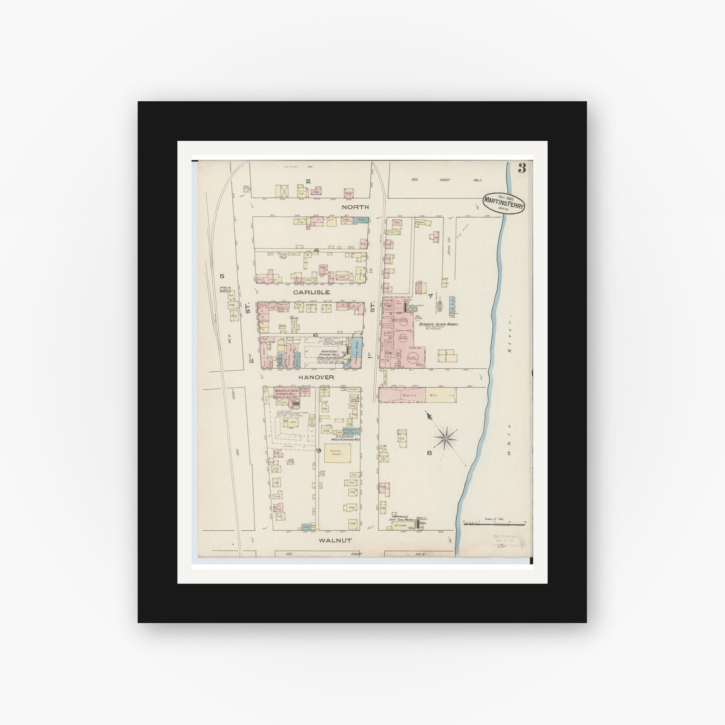 Old map wall art mockup — black gallery frame with white mat — Sanborn Fire Insurance Map from Martins Ferry, Belmont County, Ohio (Unknown), Sheet #0003