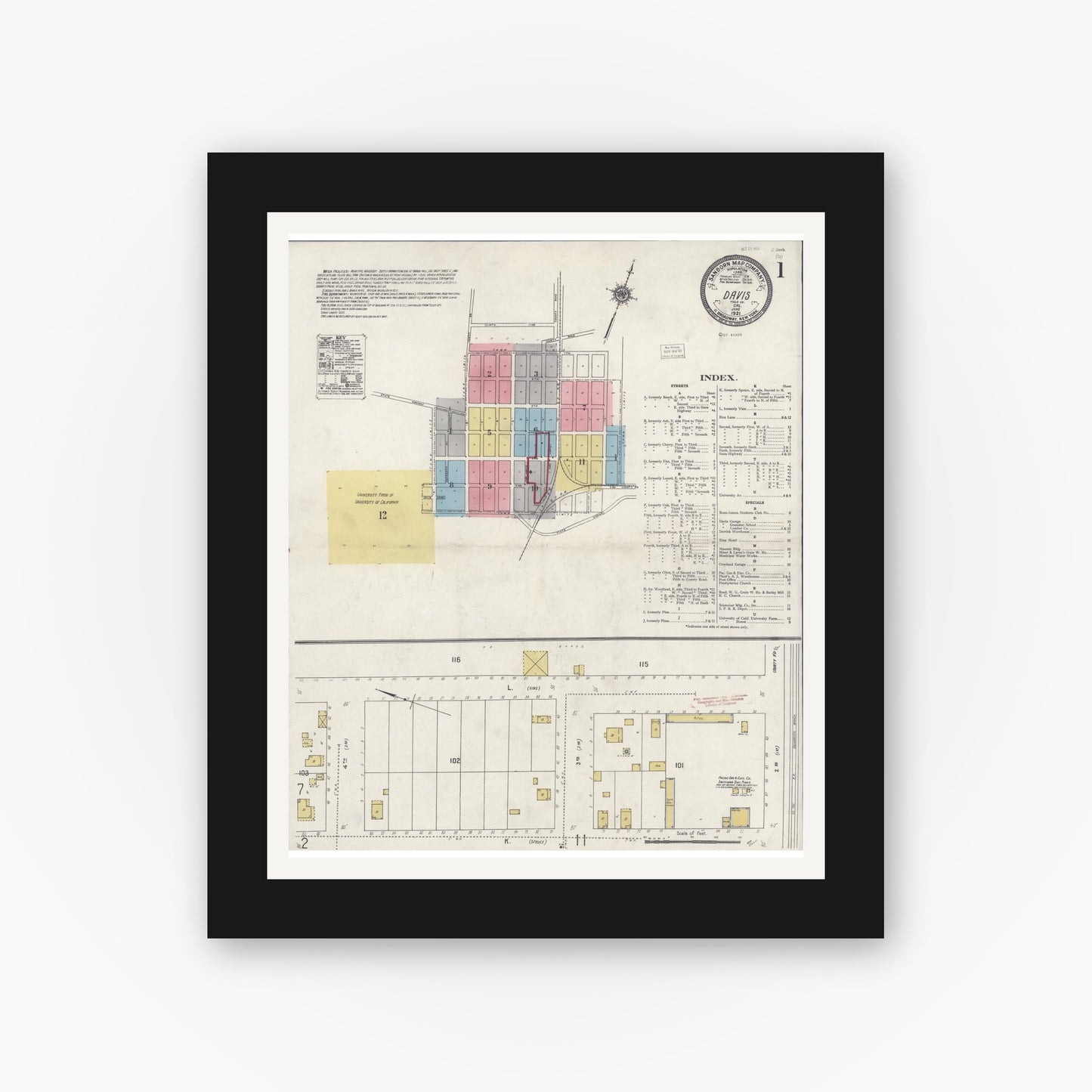 Old map wall art mockup — black gallery frame with white mat — Sanborn Fire Insurance Map from Davis, Yolo County, California (1921), Sheet #0001