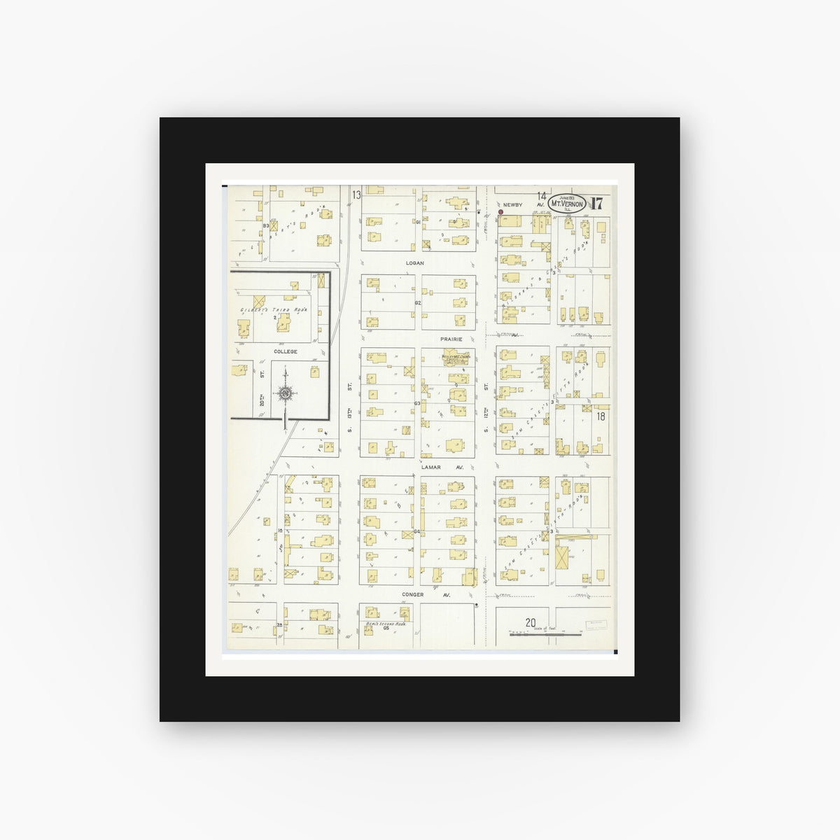 Old map wall art mockup — black gallery frame with white mat — Sanborn Fire Insurance Map from Mount Vernon, Jefferson County, Illinois (1913), Sheet #0017