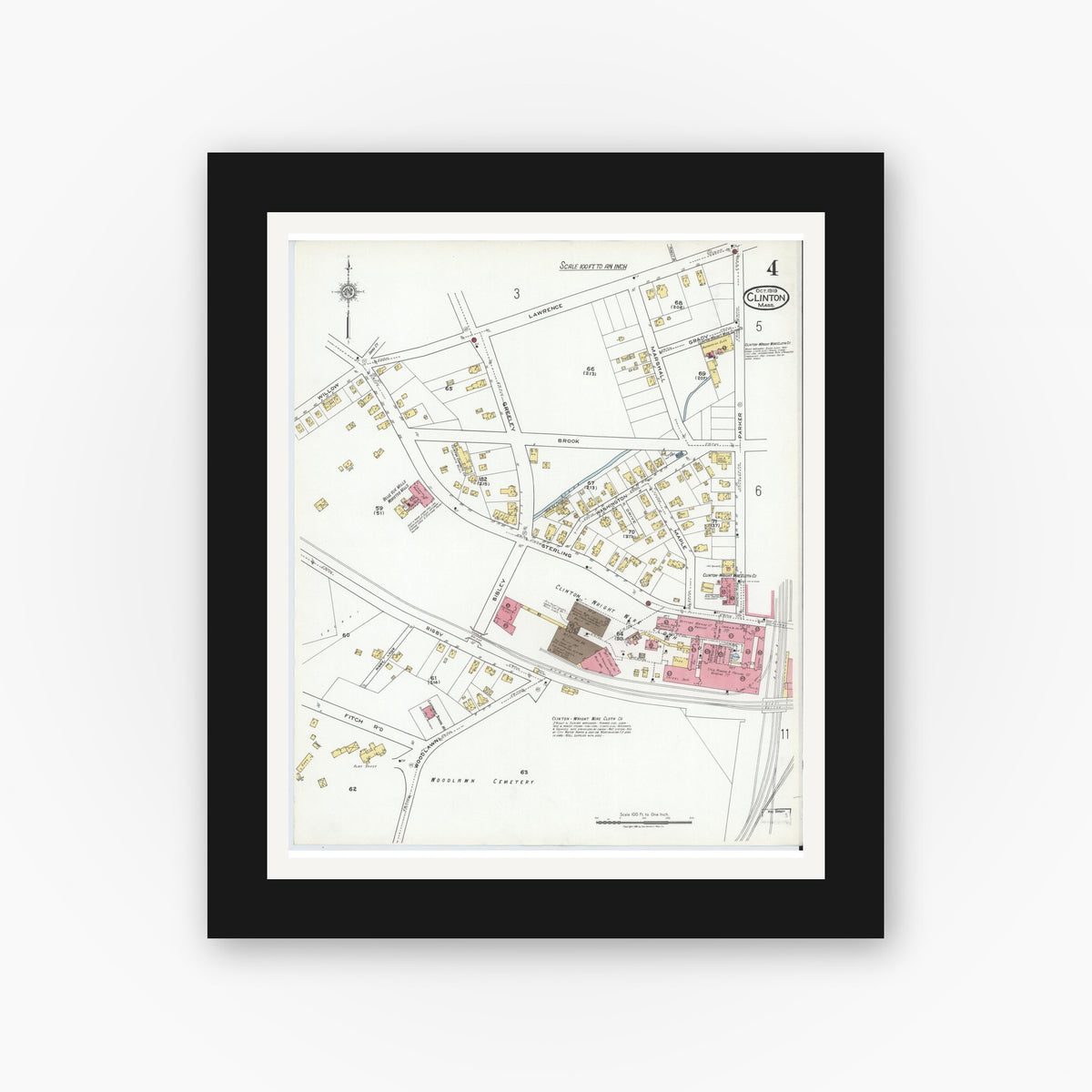 Old map wall art mockup — black gallery frame with white mat — Sanborn Fire Insurance Map from Clinton, Worcester County, Massachusetts (1919), Sheet #0004