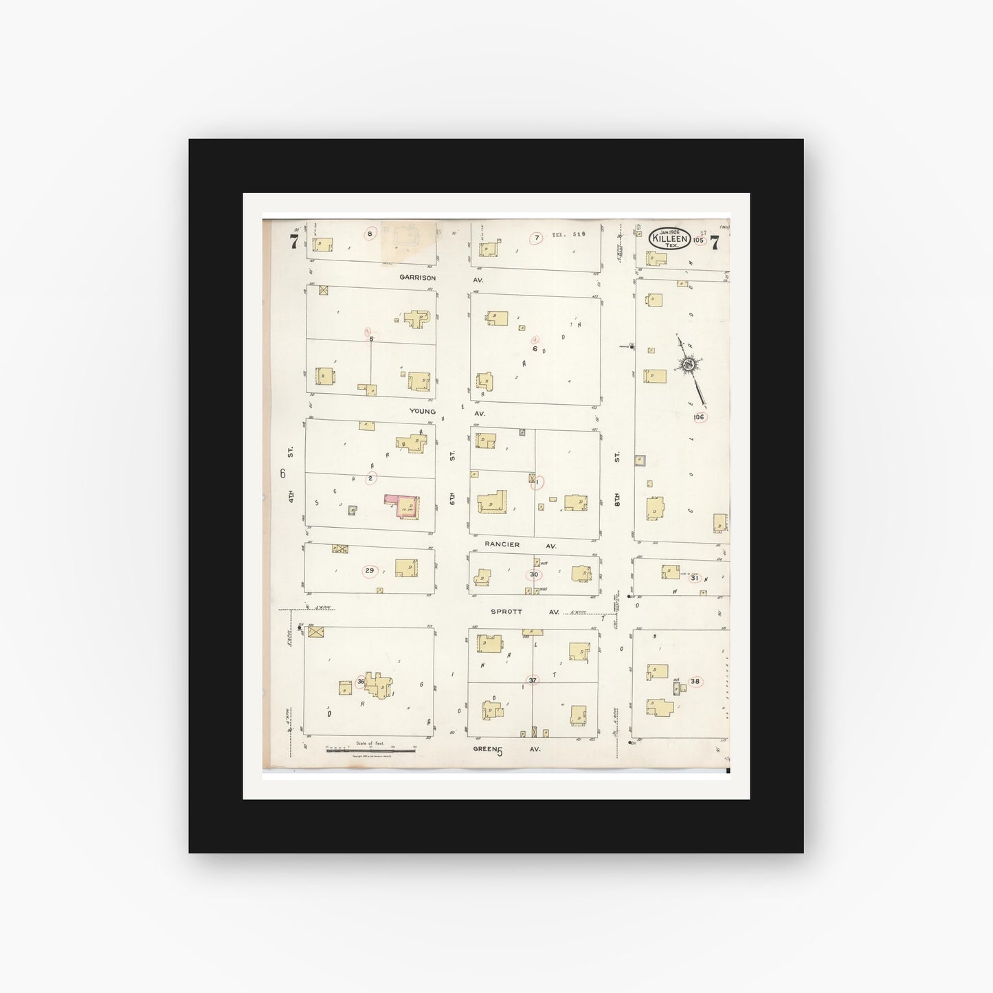 Old map wall art mockup — black gallery frame with white mat — Sanborn Fire Insurance Map from Killeen, Bell County, Texas (1937), Sheet #0007