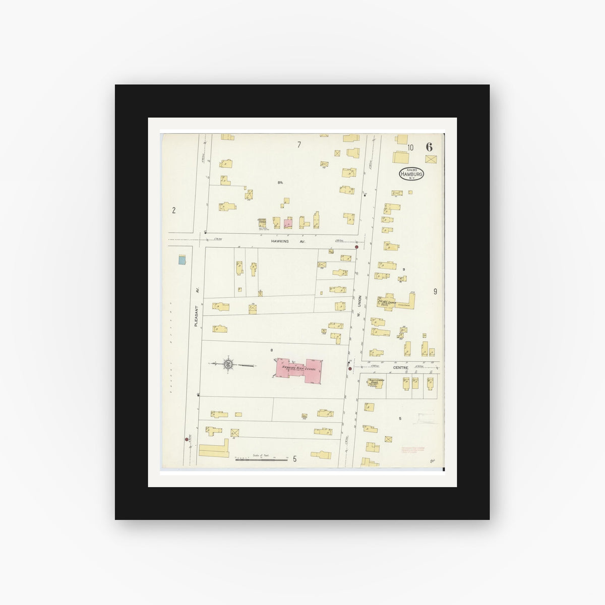 Old map wall art mockup — black gallery frame with white mat — Sanborn Fire Insurance Map from Hamburg, Erie County, New York (1913), Sheet #0006