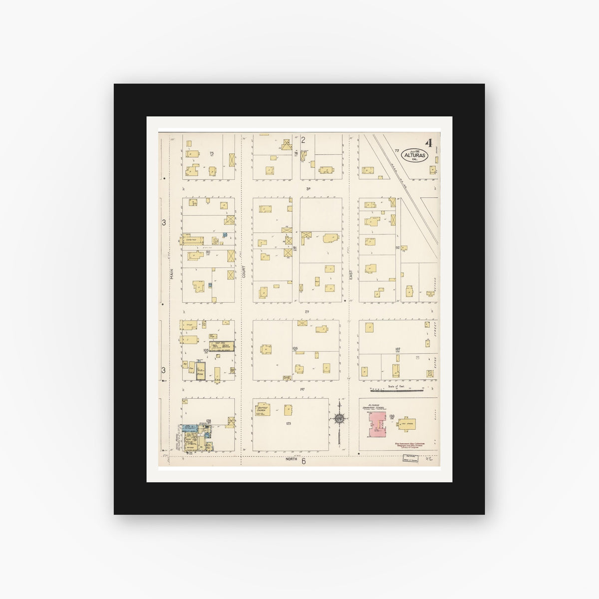 Old map wall art mockup — black gallery frame with white mat — Sanborn Fire Insurance Map from Alturas, Modoc County, California (1912), Sheet #0004