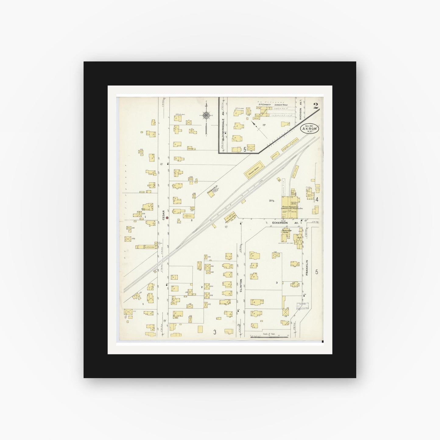 Old map wall art mockup — black gallery frame with white mat — Sanborn Fire Insurance Map from Akron, Erie County, New York (1910), Sheet #0002