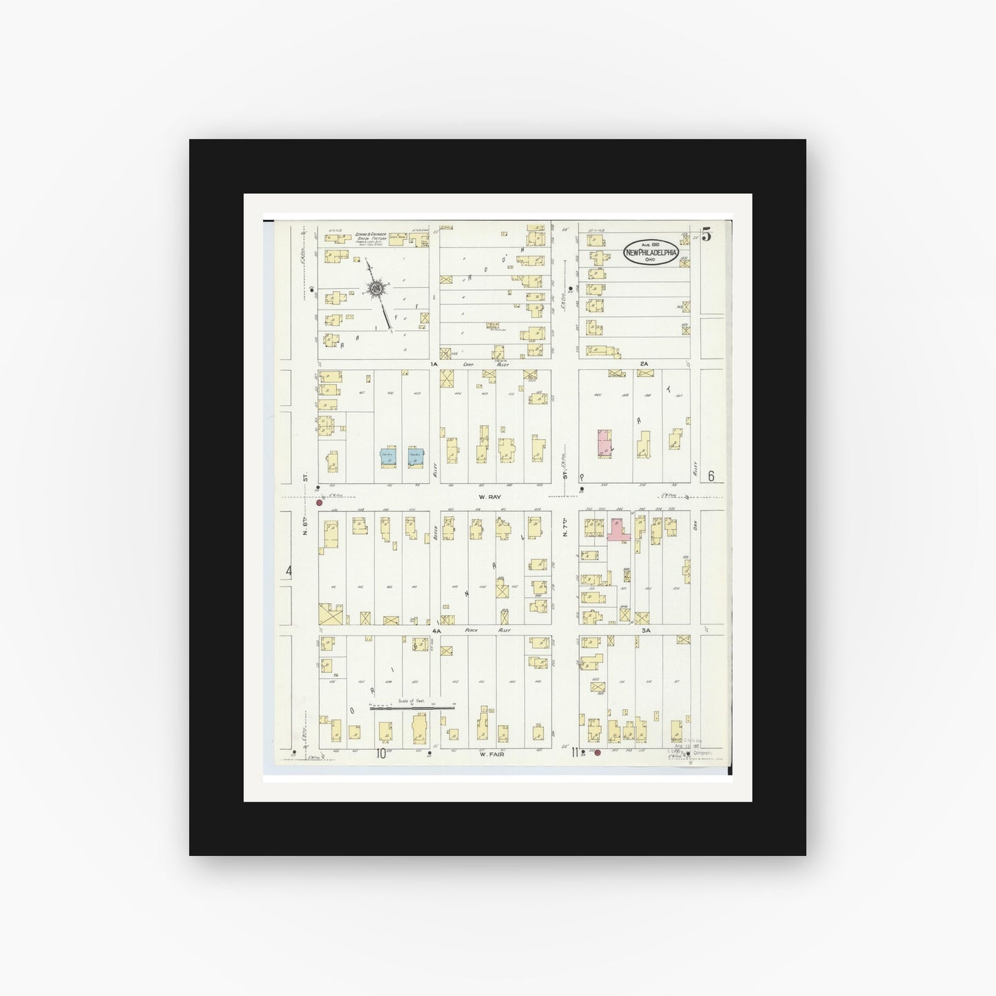 Old map wall art mockup — black gallery frame with white mat — Sanborn Fire Insurance Map from New Philadelphia, Tuscarawas County, Ohio (1910), Sheet #0005