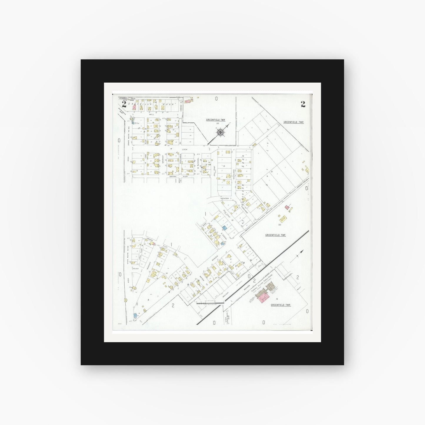 Old map wall art mockup — black gallery frame with white mat — Sanborn Fire Insurance Map from Carroll, Fairfield County, Ohio (1946), Sheet #0002