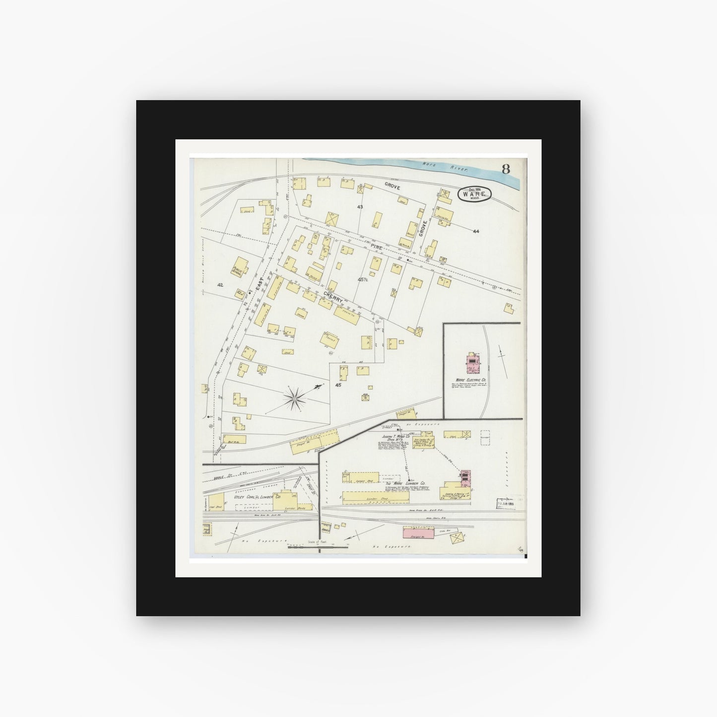 Old map wall art mockup — black gallery frame with white mat — Sanborn Fire Insurance Map from Ware, Hampshire County, Massachusetts (1896), Sheet #0008