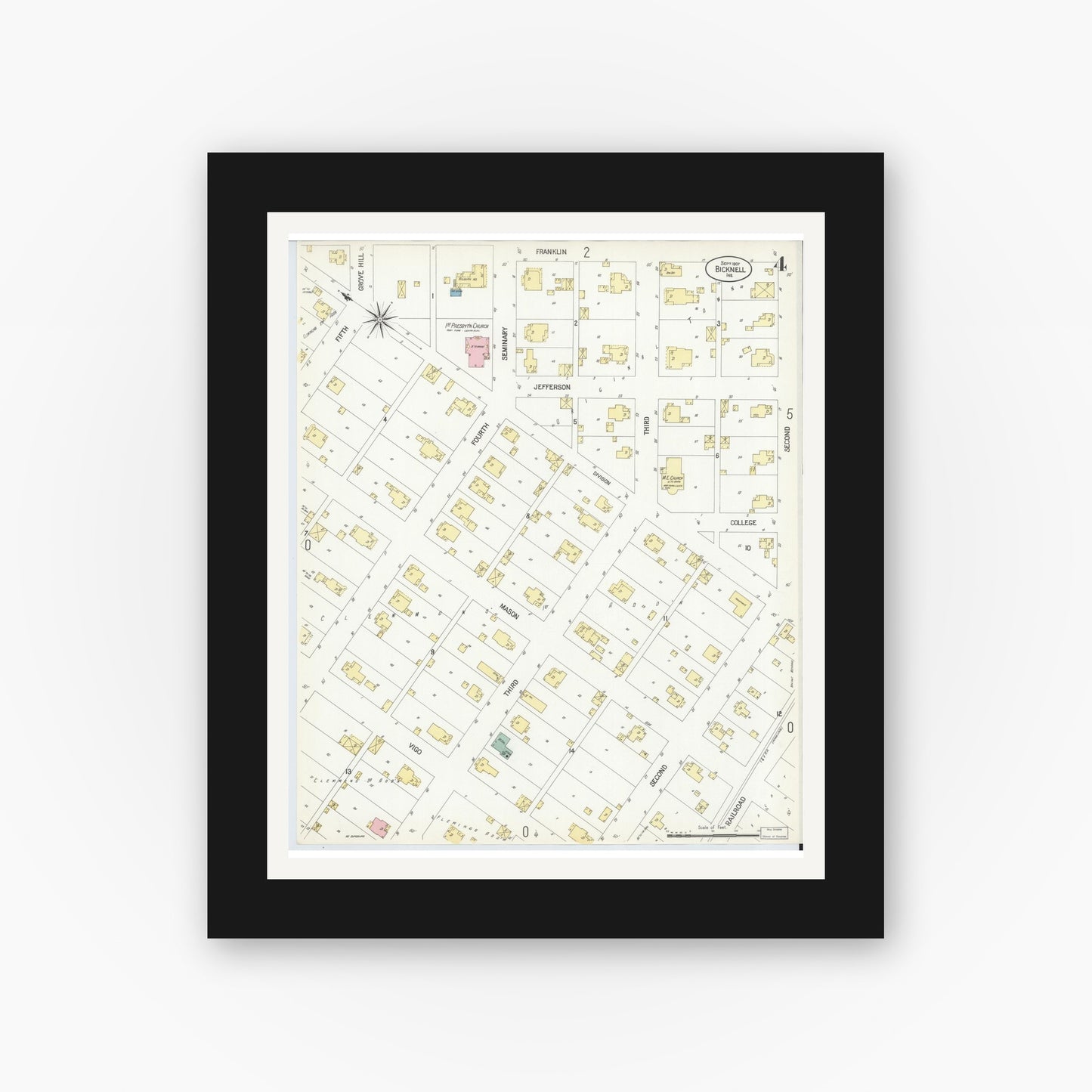 Old map wall art mockup — black gallery frame with white mat — Sanborn Fire Insurance Map from Bicknell, Knox County, Indiana (1907), Sheet #0004