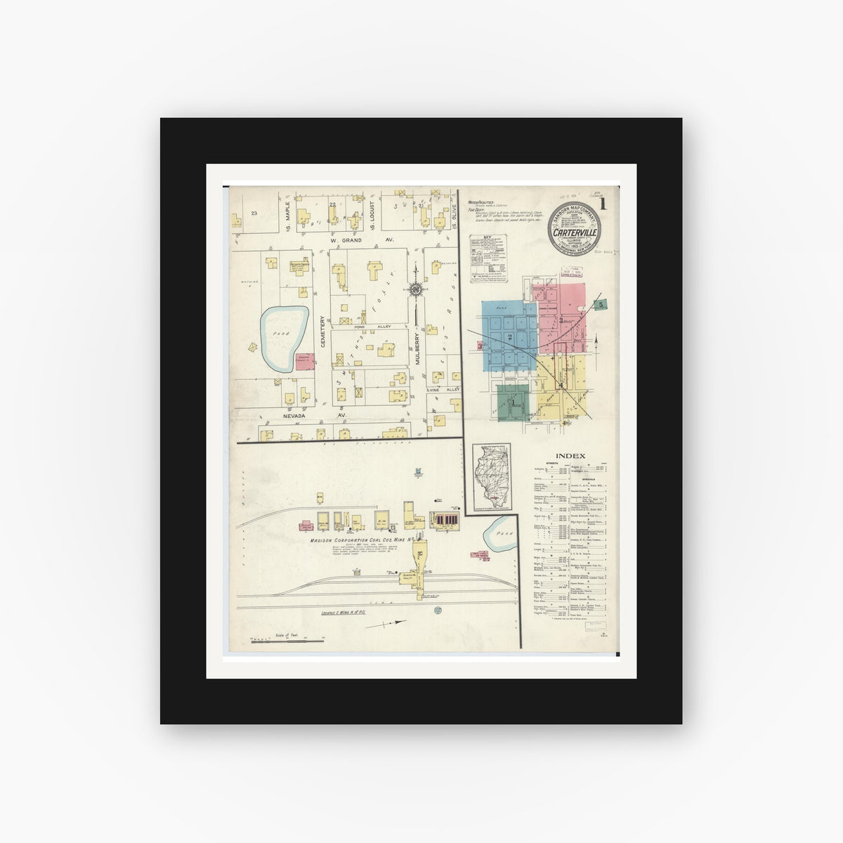 Old map wall art mockup — black gallery frame with white mat — Sanborn Fire Insurance Map from Carterville, Williamson County, Illinois (1913) - Complete Map Set