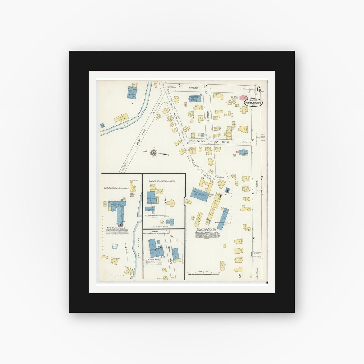 Old map wall art mockup — black gallery frame with white mat — Sanborn Fire Insurance Map from Hammondsport, Steuben County, New York (1913), Sheet #0006