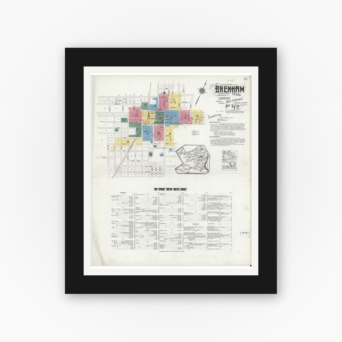 Old map wall art mockup — black gallery frame with white mat — Sanborn Fire Insurance Map from Brenham, Washington County, Texas (1920), Sheet #0001