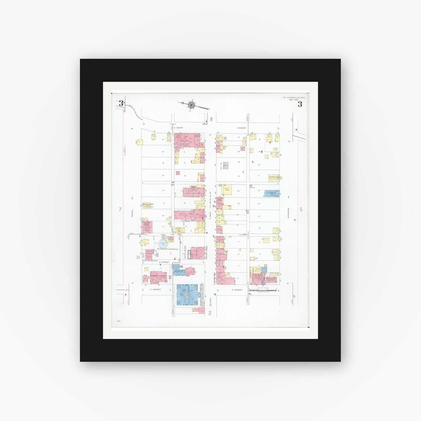 Old map wall art mockup — black gallery frame with white mat — Sanborn Fire Insurance Map from Saint Clairsville, Belmont County, Ohio (1946), Sheet #0003