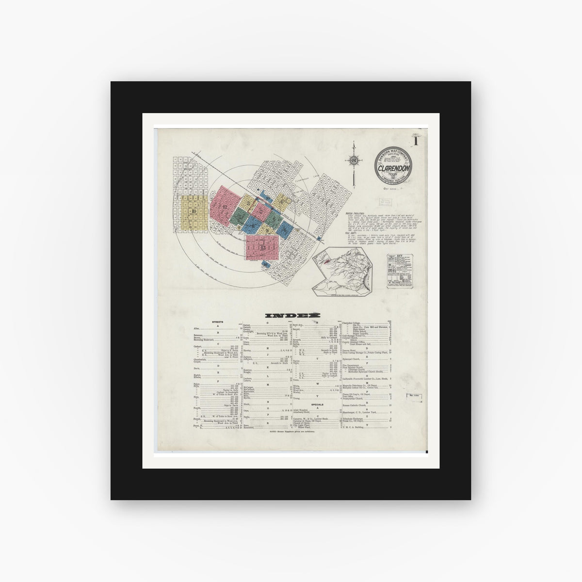 Old map wall art mockup — black gallery frame with white mat — Sanborn Fire Insurance Map from Clarendon, Donley County, Texas (1921) - Complete Map Set