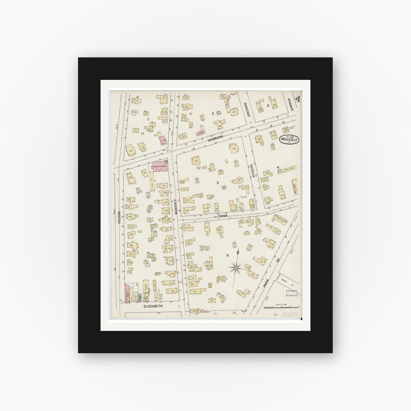 Old map wall art mockup — black gallery frame with white mat — Sanborn Fire Insurance Map from Waverly, Tioga County, New York (1888), Sheet #0004