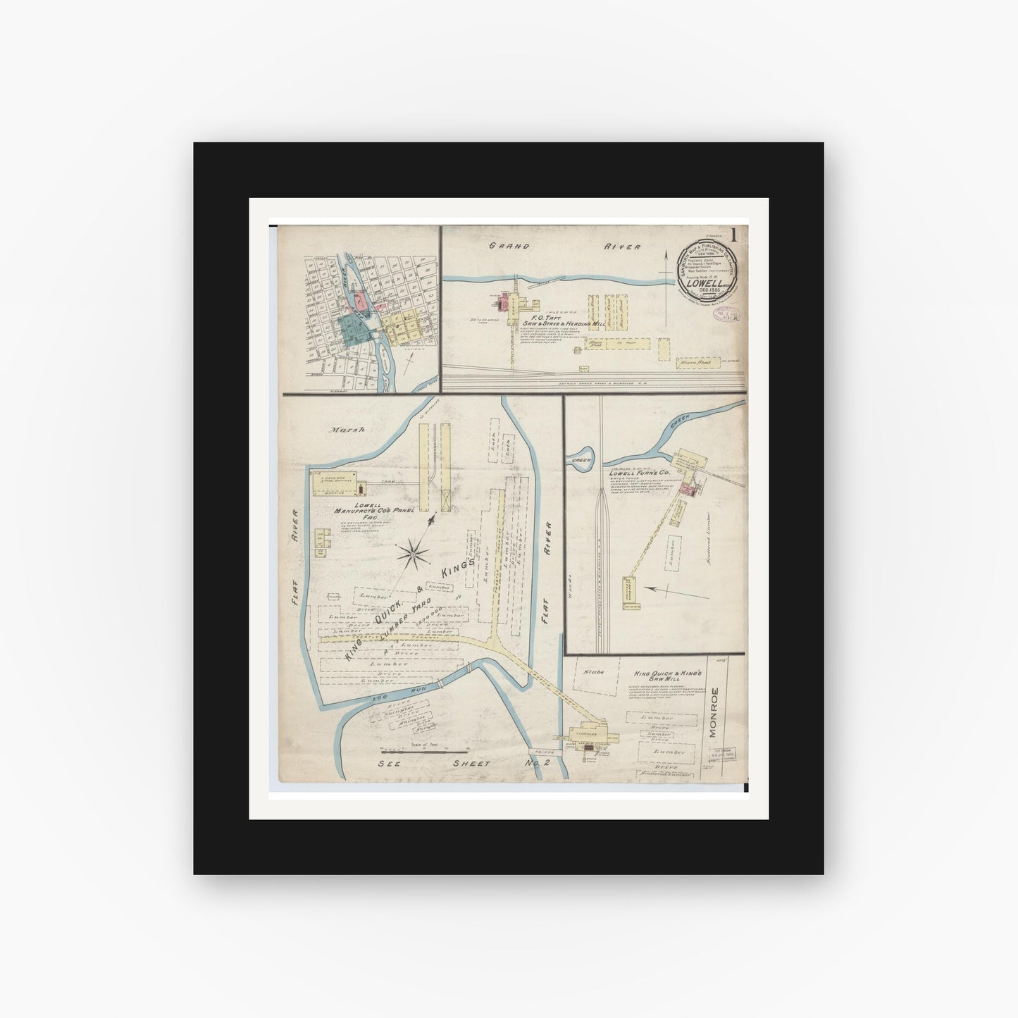 Old map wall art mockup β black gallery frame with white mat β Sanborn Fire Insurance Map from Lowell, Kent County, Michigan (1885) - Complete Map Set