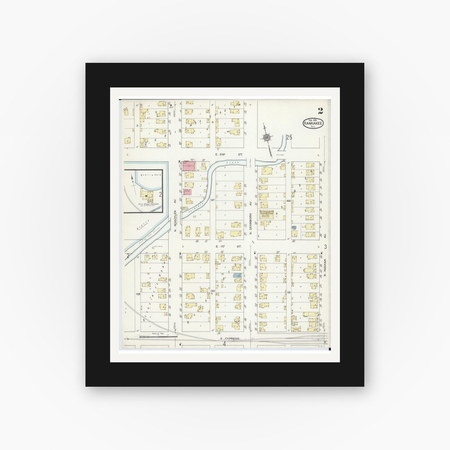 Old map wall art mockup — black gallery frame with white mat — Sanborn Fire Insurance Map from Kankakee, Kankakee County, Illinois (1914), Sheet #0002
